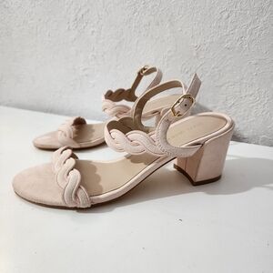 Stuart Weitzman Twistie Pink Suede Ankle Strap Sandals Block Heels Women's Sz 7